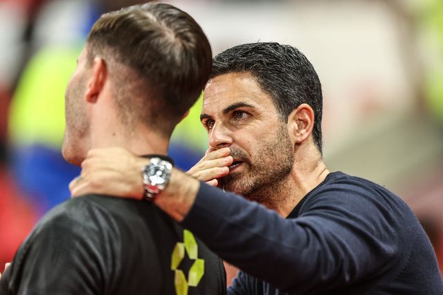 Mikel Arteta manager of Arsenal has a discussion with the fourth official before the Premier League match Sunderland vs Arsenal at Stadium Of Light, Sunderland, United Kingdom on 12 September 2026

(Photo by Alfie Cosgrove/News Images)
