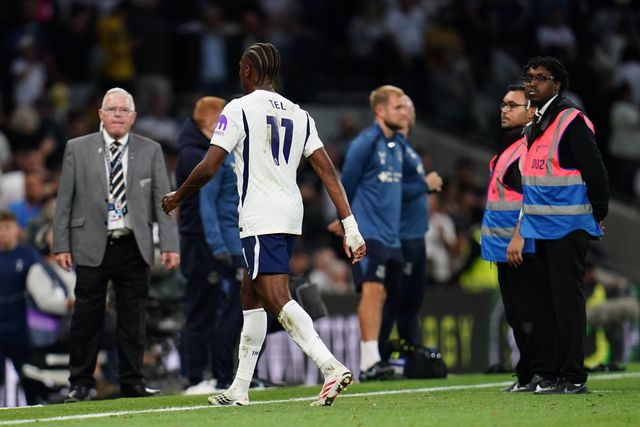 Mathys Tel of Tottenham Hotspur at full time during the Premier League match Tottenham Hotspur vs Everton at Tottenham Hotspur Stadium, London, United Kingdom on 12 September 2026

(Photo by Harvey Murphy/News Images)