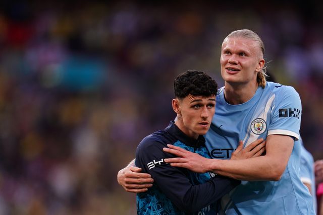 Erling Haaland of Manchester City and Tijjani Reijnders of Manchester City at full time during the Emirates FA Cup Semi-Final match Manchester City vs Southampton at Wembley Stadium, London, United Kingdom on 25 April 2026

(Photo by Harvey Murphy/News Images)