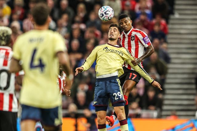 Reinildo Mandava of Sunderland jumps up to win the high ball from Kai Havertz of Arsenal during the Premier League match Sunderland vs Arsenal at Stadium Of Light, Sunderland, United Kingdom on 12 September 2026

(Photo by Alfie Cosgrove/News Images)