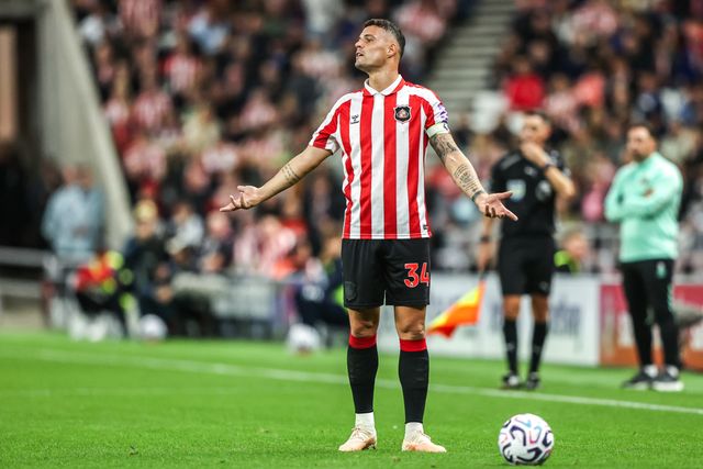 Granit Xhaka of Sunderland reacts during the Premier League match Sunderland vs Arsenal at Stadium Of Light, Sunderland, United Kingdom on 12 September 2026

(Photo by Alfie Cosgrove/News Images)