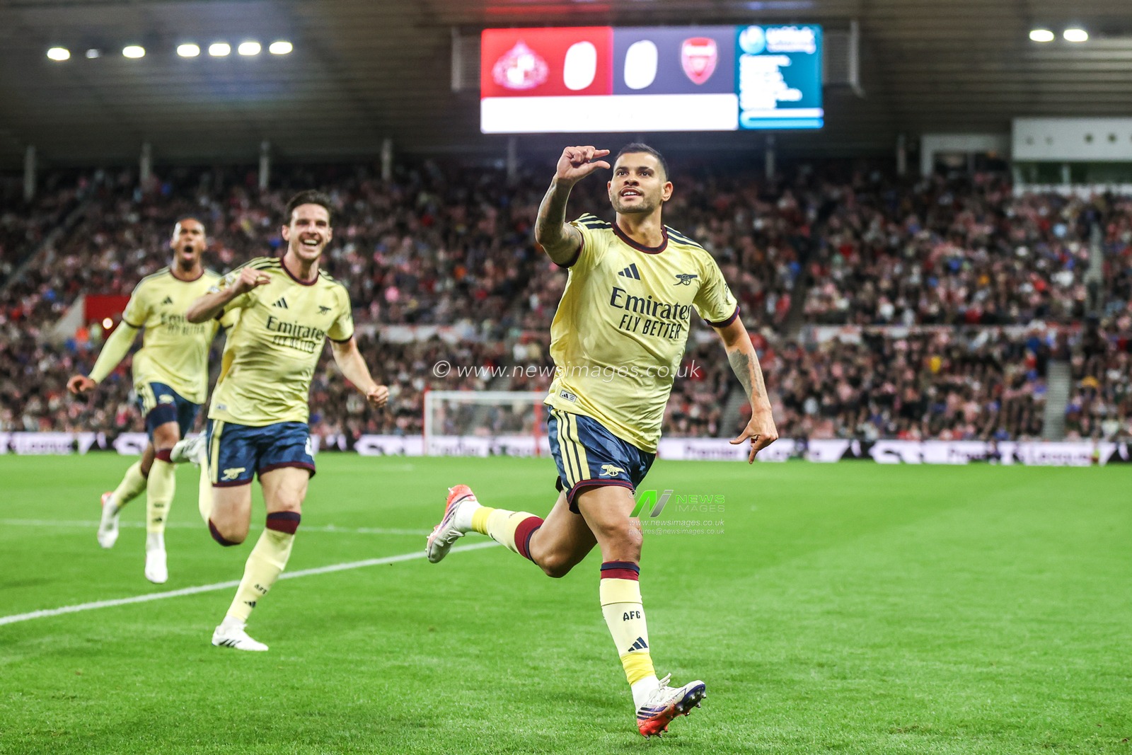 Bruno Guimaraes of Arsenal celebrates his goal to make it 0-1 during the Premier League match Sunderland vs Arsenal at Stadium Of Light, Sunderland, United Kingdom on 12 September 2026

(Photo by Alfie Cosgrove/News Images)