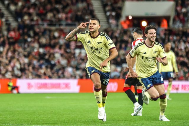 Bruno Guimaraes of Arsenal celebrates his goal to make it 0-1 during the Premier League match Sunderland vs Arsenal at Stadium Of Light, Sunderland, United Kingdom on 12 September 2026

(Photo by Alfie Cosgrove/News Images)