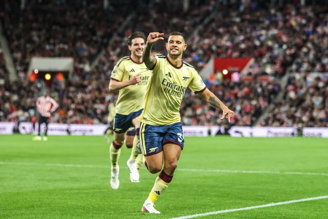 Bruno Guimaraes of Arsenal celebrates his goal to make it 0-1 during the Premier League match Sunderland vs Arsenal at Stadium Of Light, Sunderland, United Kingdom on 12 September 2026

(Photo by Alfie Cosgrove/News Images)