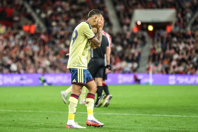 Bruno Guimaraes of Arsenal reacts to a missed shot on goal during the Premier League match Sunderland vs Arsenal at Stadium Of Light, Sunderland, United Kingdom on 12 September 2026

(Photo by Alfie Cosgrove/News Images)