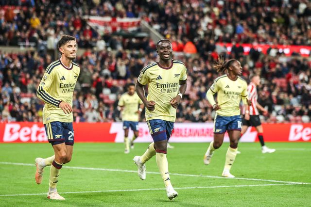 Bukayo Saka of Arsenal celebrates his goal to make it 0-2 during the Premier League match Sunderland vs Arsenal at Stadium Of Light, Sunderland, United Kingdom on 12 September 2026

(Photo by Alfie Cosgrove/News Images)