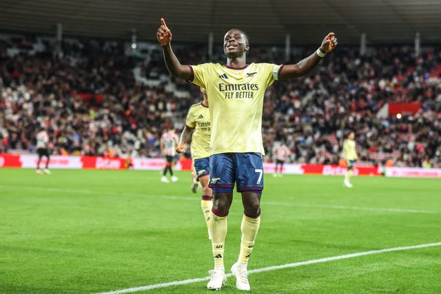 Bukayo Saka of Arsenal celebrates his goal to make it 0-2 during the Premier League match Sunderland vs Arsenal at Stadium Of Light, Sunderland, United Kingdom on 12 September 2026

(Photo by Alfie Cosgrove/News Images)