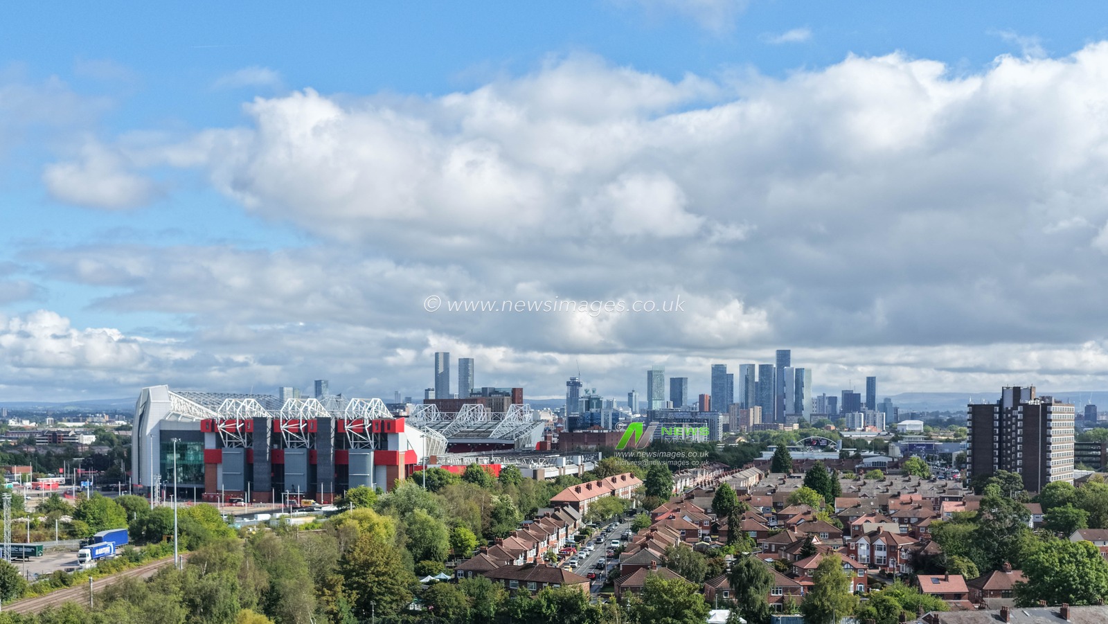 An aerial view of Old Trafford and the City of Manchester in the background during the Premier League match Manchester United vs Manchester City at Old Trafford, Manchester, United Kingdom on 13 September 2026

(Photo by Mark Cosgrove/News Images)