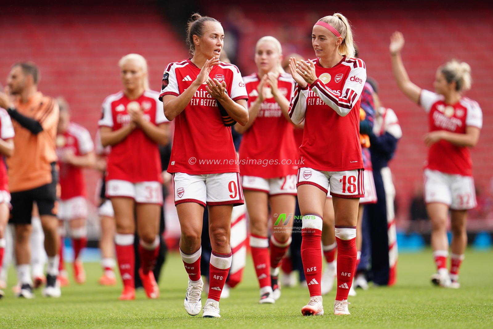Chloe Kelly of Arsenal and Caitlin Foord of Arsenal at full time during the Women's Super League match Arsenal vs Crystal Palace at Emirates, London, United Kingdom on 13 September 2026

(Photo by Harvey Murphy/News Images)