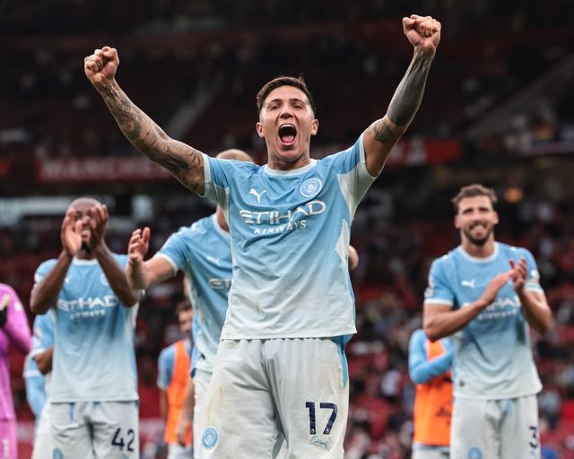 Enzo Fernandez of Manchester City celebrates the 0-1 win with the fans during the Premier League match Manchester United vs Manchester City at Old Trafford, Manchester, United Kingdom on 13 September 2026

(Photo by Mark Cosgrove/News Images)