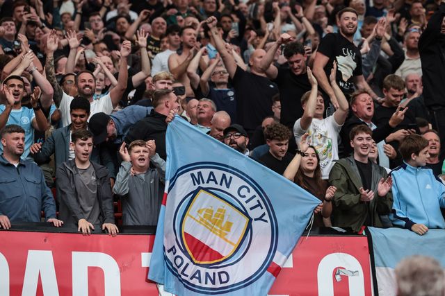 City fans celebrate the 0-1 win during the Premier League match Manchester United vs Manchester City at Old Trafford, Manchester, United Kingdom on 13 September 2026

(Photo by Mark Cosgrove/News Images)