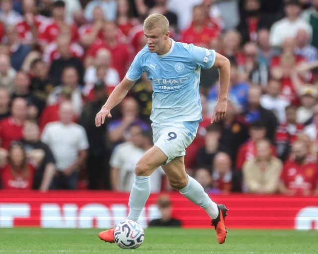 Erling Haaland of Manchester City breaks with the ball during the Premier League match Manchester United vs Manchester City at Old Trafford, Manchester, United Kingdom on 13 September 2026

(Photo by Mark Cosgrove/News Images)