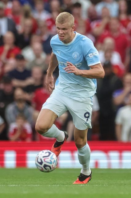 Erling Haaland of Manchester City breaks with the ball during the Premier League match Manchester United vs Manchester City at Old Trafford, Manchester, United Kingdom on 13 September 2026

(Photo by Mark Cosgrove/News Images)