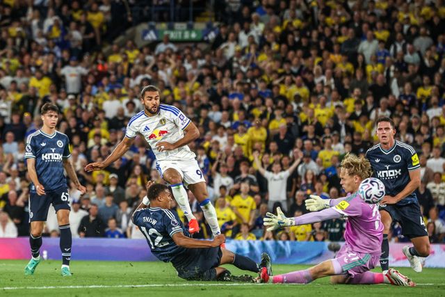 Dominic Calvert-Lewin of Leeds United scores to make it 3-0 during the Premier League match Leeds United vs Newcastle Untied at Elland Road, Leeds, United Kingdom on 14 September 2026

(Photo by Alfie Cosgrove/News Images)