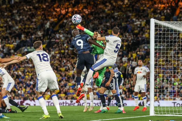 Leeds United goalkeeper James Trafford punches the ball clear during the Premier League match Leeds United vs Newcastle Untied at Elland Road, Leeds, United Kingdom on 14 September 2026

(Photo by Alfie Cosgrove/News Images)