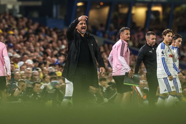 Daniel Farke manager of Leeds United gives his team instructions during the Premier League match Leeds United vs Newcastle Untied at Elland Road, Leeds, United Kingdom on 14 September 2026

(Photo by Alfie Cosgrove/News Images)