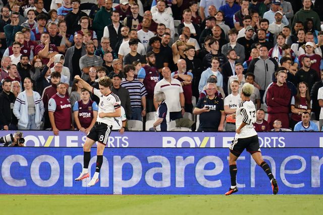 Cesar Palacios of Fulham celebrates his goal to make it 2-1 during the Carabao Cup round 3 match West Ham United vs Fulham at London Stadium, London, United Kingdom on 15 September 2026

(Photo by Harvey Murphy/News Images)