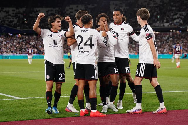 Fulham players celebrate Oscar Bobb of Fulham goal during the Carabao Cup round 3 match West Ham United vs Fulham at London Stadium, London, United Kingdom on 15 September 2026

(Photo by Harvey Murphy/News Images)