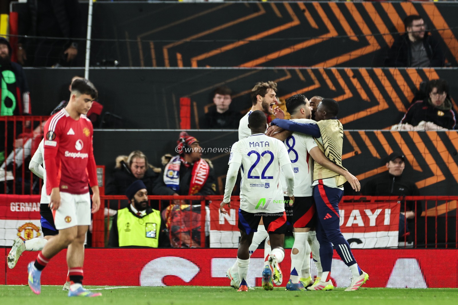 Rayan Cherki of Lyon celebrates his goal to make it 2-3 during the UEFA Europa League Quarter-finals match Manchester United vs Lyon at Old Trafford, Manchester, United Kingdom, 17th April 2025

(Photo by Mark Cosgrove/News Images)