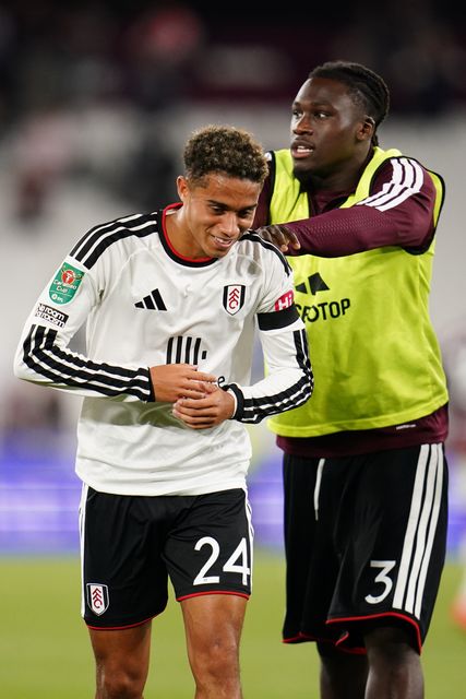 Josh King of Fulham and Calvin Bassey of Fulham at full time during the Carabao Cup round 3 match West Ham United vs Fulham at London Stadium, London, United Kingdom on 15 September 2026

(Photo by Harvey Murphy/News Images)