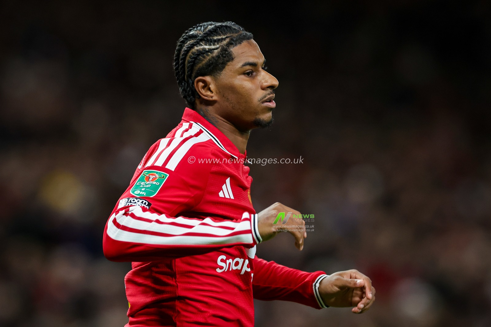 Marcus Rashford of Manchester United in action during the Carabao Cup round 3 match Manchester United vs Brighton & Hove Albion at Old Trafford, Manchester, United Kingdom on 16 September 2026

(Photo by Mark Cosgrove/News Images)