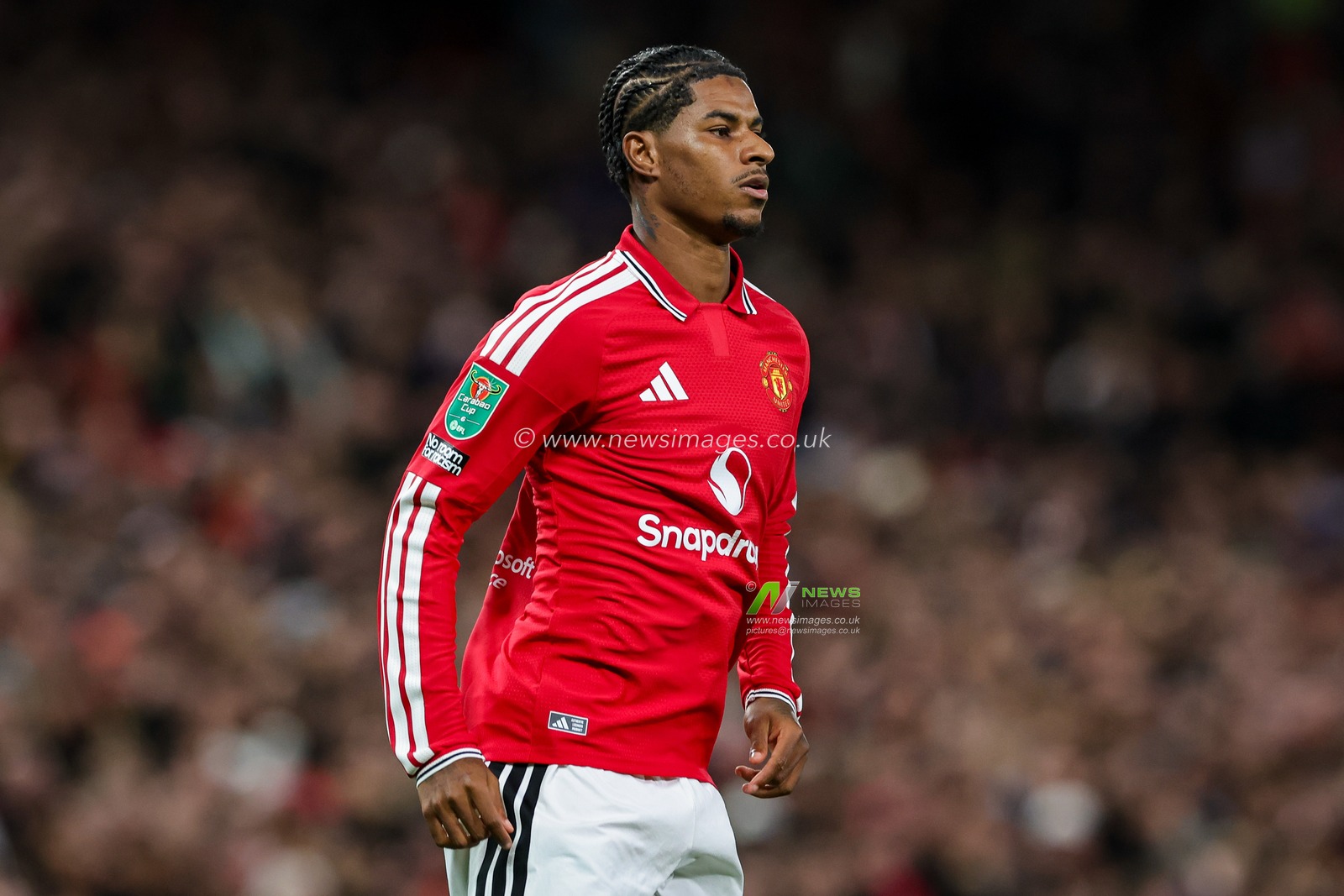 Marcus Rashford of Manchester United in action during the Carabao Cup round 3 match Manchester United vs Brighton & Hove Albion at Old Trafford, Manchester, United Kingdom on 16 September 2026

(Photo by Mark Cosgrove/News Images)