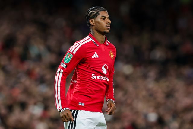 Marcus Rashford of Manchester United in action during the Carabao Cup round 3 match Manchester United vs Brighton & Hove Albion at Old Trafford, Manchester, United Kingdom on 16 September 2026

(Photo by Mark Cosgrove/News Images)