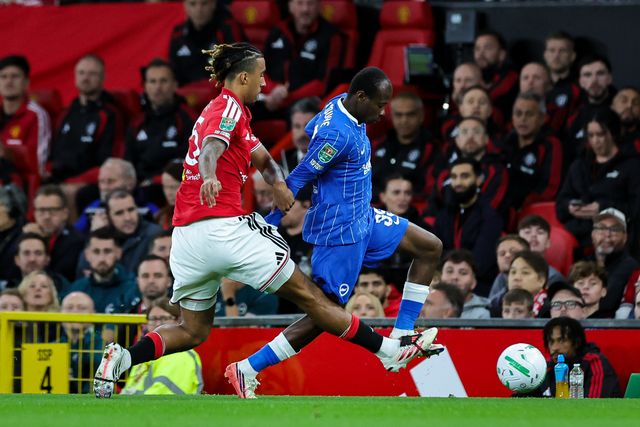 Leny Yoro of Manchester United fouls Malick Yalcouye of Brighton & Hove Albion during the Carabao Cup round 3 match Manchester United vs Brighton & Hove Albion at Old Trafford, Manchester, United Kingdom on 16 September 2026

(Photo by Mark Cosgrove/News Images)
