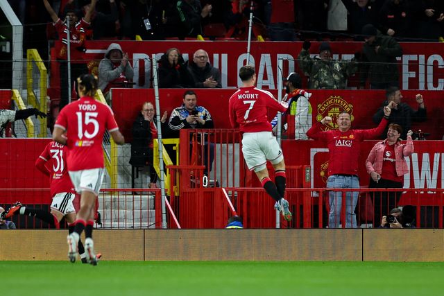 Mason Mount of Manchester United celebrates his goal to make it  2-0 during the Carabao Cup round 3 match Manchester United vs Brighton & Hove Albion at Old Trafford, Manchester, United Kingdom on 16 September 2026

(Photo by Mark Cosgrove/News Images)