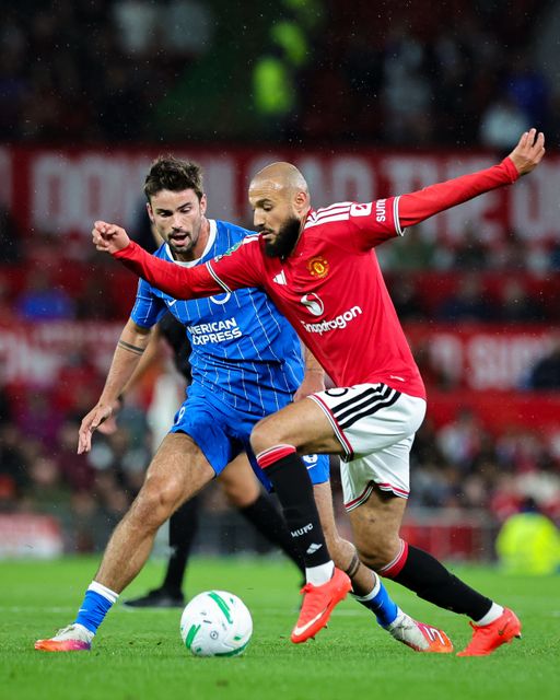 Noussair Mazraoui of Manchester United makes a run with the ball  during the Carabao Cup round 3 match Manchester United vs Brighton & Hove Albion at Old Trafford, Manchester, United Kingdom on 16 September 2026

(Photo by Mark Cosgrove/News Images)