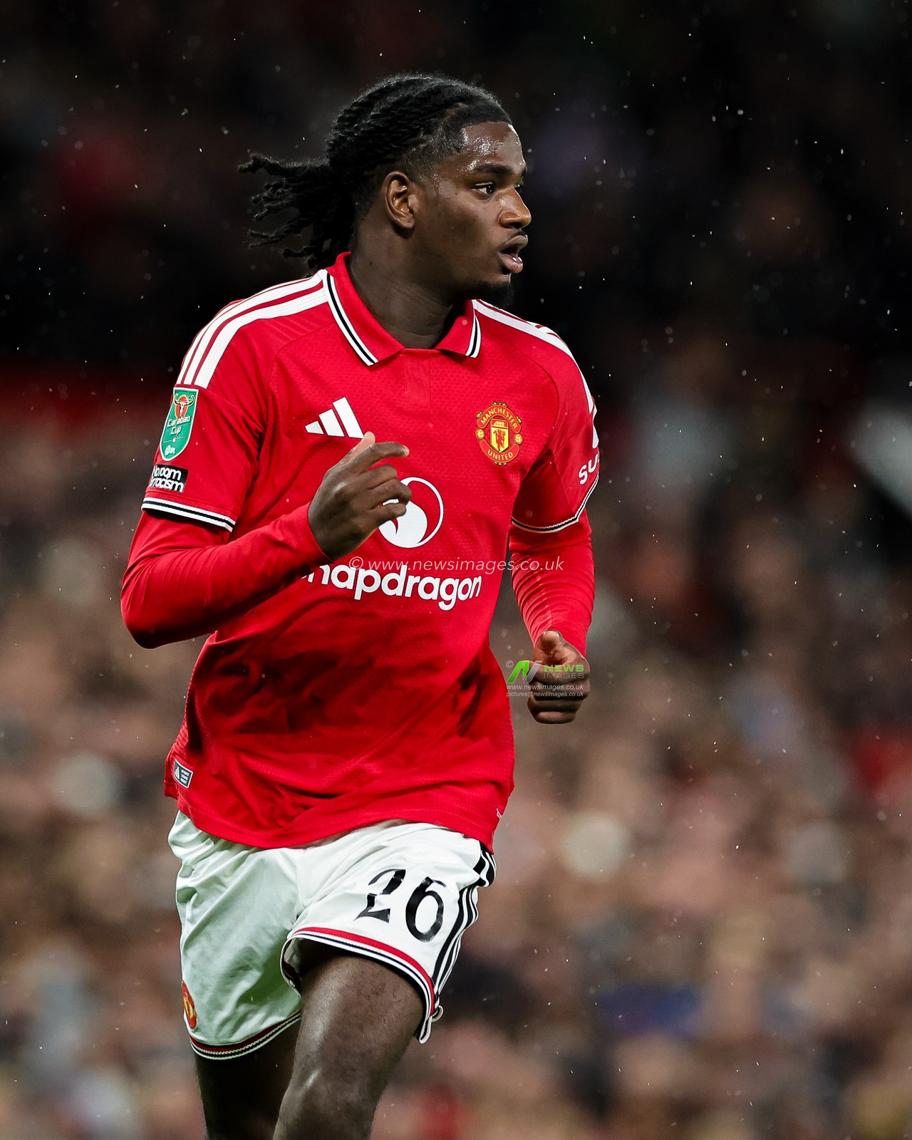 Ayden Haven of Manchester United in action during the Carabao Cup round 3 match Manchester United vs Brighton & Hove Albion at Old Trafford, Manchester, United Kingdom on 16 September 2026

(Photo by Mark Cosgrove/News Images)