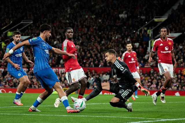 Charalampos Kostoulas of Brighton & Hove Albion scores to make it  2-1 during the Carabao Cup round 3 match Manchester United vs Brighton & Hove Albion at Old Trafford, Manchester, United Kingdom on 16 September 2026

(Photo by Mark Cosgrove/News Images)