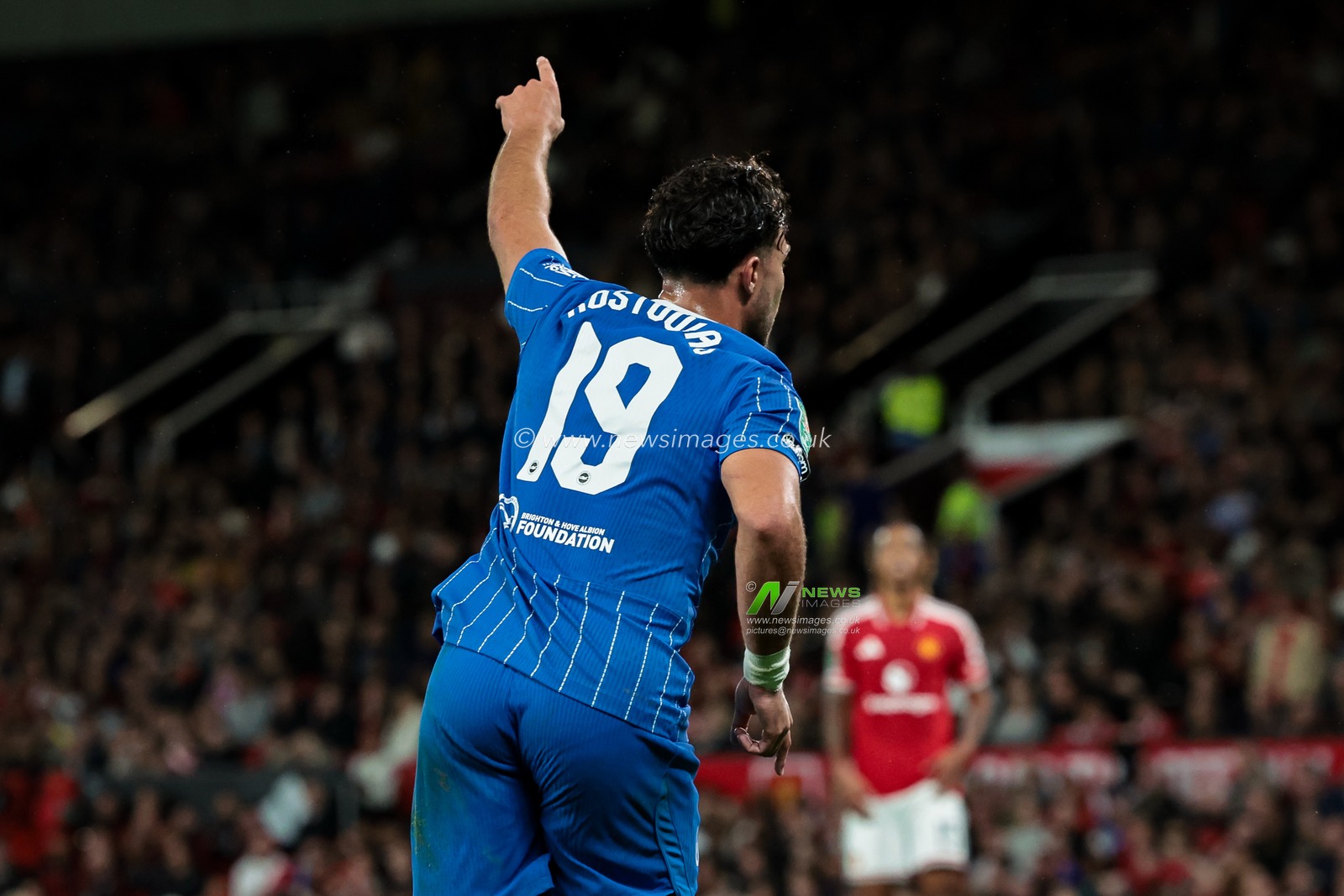 Charalampos Kostoulas of Brighton & Hove Albion celebrates his goal to make it  2-1 during the Carabao Cup round 3 match Manchester United vs Brighton & Hove Albion at Old Trafford, Manchester, United Kingdom on 16 September 2026

(Photo by Mark Cosgrove/News Images)