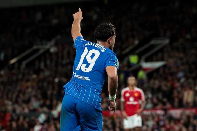Charalampos Kostoulas of Brighton & Hove Albion celebrates his goal to make it  2-1 during the Carabao Cup round 3 match Manchester United vs Brighton & Hove Albion at Old Trafford, Manchester, United Kingdom on 16 September 2026

(Photo by Mark Cosgrove/News Images)