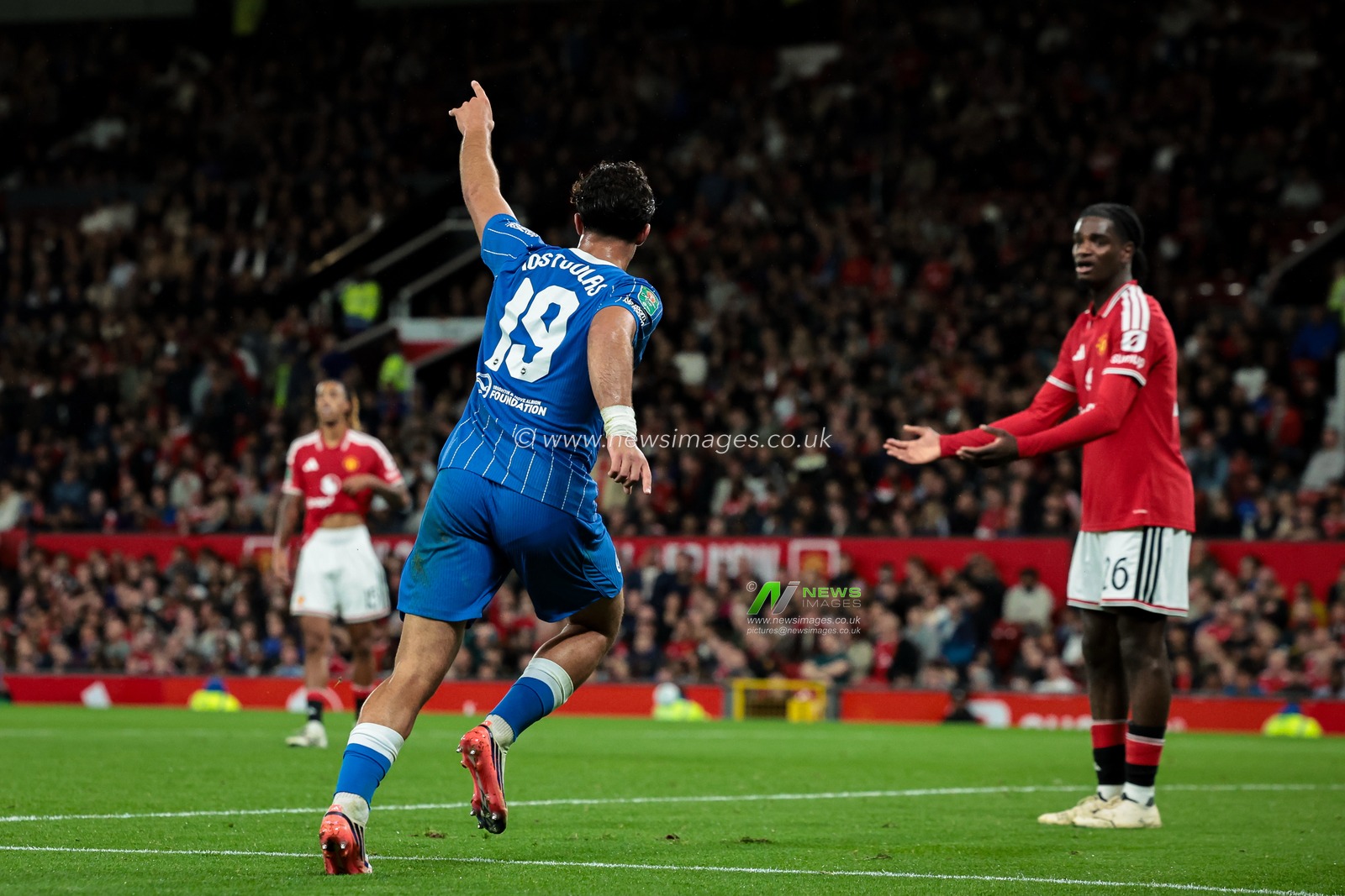 Charalampos Kostoulas of Brighton & Hove Albion celebrates his goal to make it  2-1 during the Carabao Cup round 3 match Manchester United vs Brighton & Hove Albion at Old Trafford, Manchester, United Kingdom on 16 September 2026

(Photo by Mark Cosgrove/News Images)