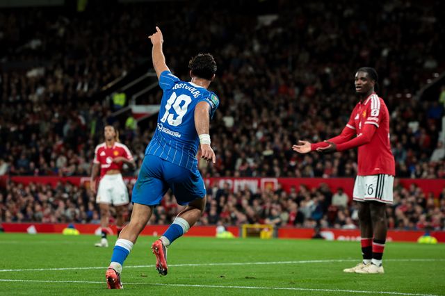 Charalampos Kostoulas of Brighton & Hove Albion celebrates his goal to make it  2-1 during the Carabao Cup round 3 match Manchester United vs Brighton & Hove Albion at Old Trafford, Manchester, United Kingdom on 16 September 2026

(Photo by Mark Cosgrove/News Images)
