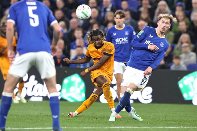 Tawanda Chirewa of Wolverhampton Wanderers takes a shot on goal during the Carabao Cup round 3 match Everton vs Wolverhampton Wanderers at Hill Dickinson Stadium, Liverpool, United Kingdom on 16 September 2026

(Photo by Alfie Cosgrove/News Images)