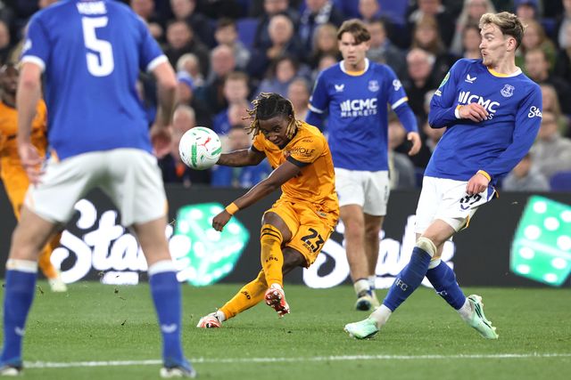 Tawanda Chirewa of Wolverhampton Wanderers takes a shot on goal during the Carabao Cup round 3 match Everton vs Wolverhampton Wanderers at Hill Dickinson Stadium, Liverpool, United Kingdom on 16 September 2026

(Photo by Alfie Cosgrove/News Images)