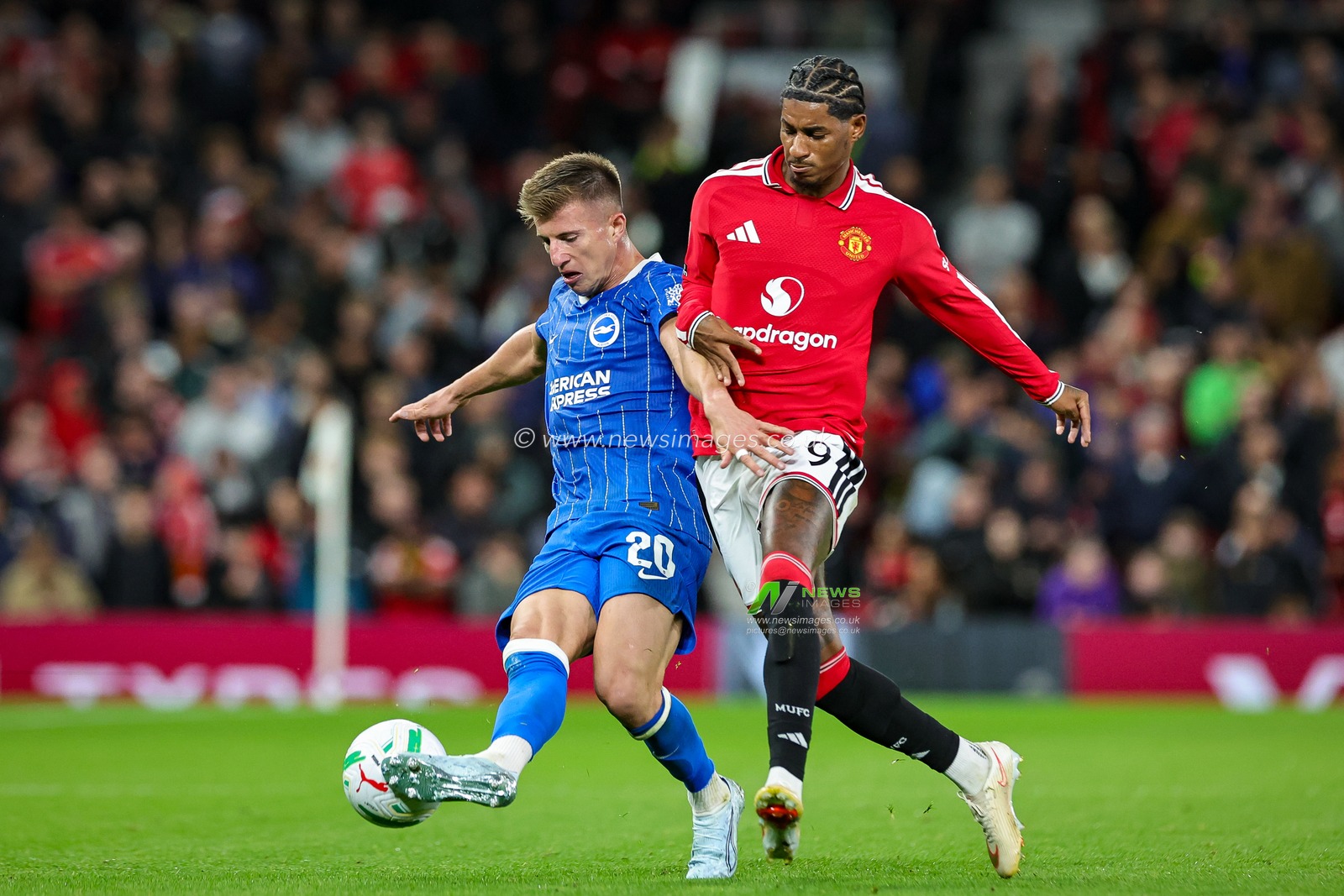 Costinha of Brighton & Hove Albion battles for the ball  with Marcus Rashford of Manchester United during the Carabao Cup round 3 match Manchester United vs Brighton & Hove Albion at Old Trafford, Manchester, United Kingdom on 16 September 2026

(Photo by Mark Cosgrove/News Images)