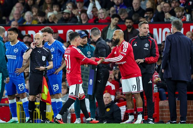 Shea Lacey of Manchester United is substituted for Bryan Mbeumo of Manchester United during the Carabao Cup round 3 match Manchester United vs Brighton & Hove Albion at Old Trafford, Manchester, United Kingdom on 16 September 2026

(Photo by Mark Cosgrove/News Images)