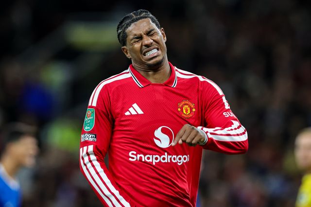 Marcus Rashford of Manchester United reacts after a missed chance on goal  during the Carabao Cup round 3 match Manchester United vs Brighton & Hove Albion at Old Trafford, Manchester, United Kingdom on 16 September 2026

(Photo by Mark Cosgrove/News Images)