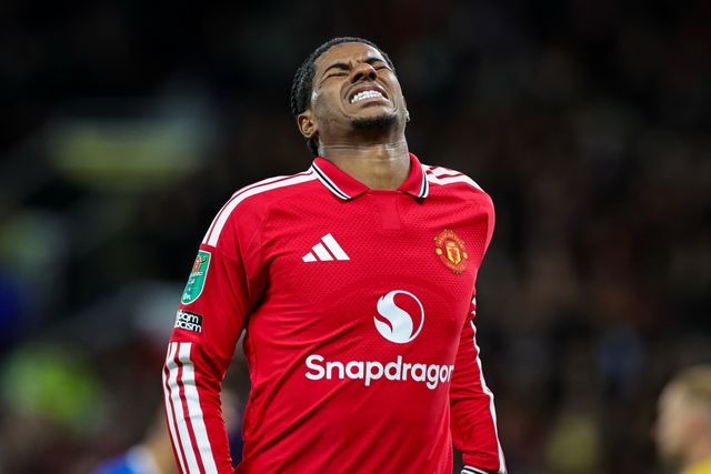 Marcus Rashford of Manchester United reacts after a missed chance on goal  during the Carabao Cup round 3 match Manchester United vs Brighton & Hove Albion at Old Trafford, Manchester, United Kingdom on 16 September 2026

(Photo by Mark Cosgrove/News Images)