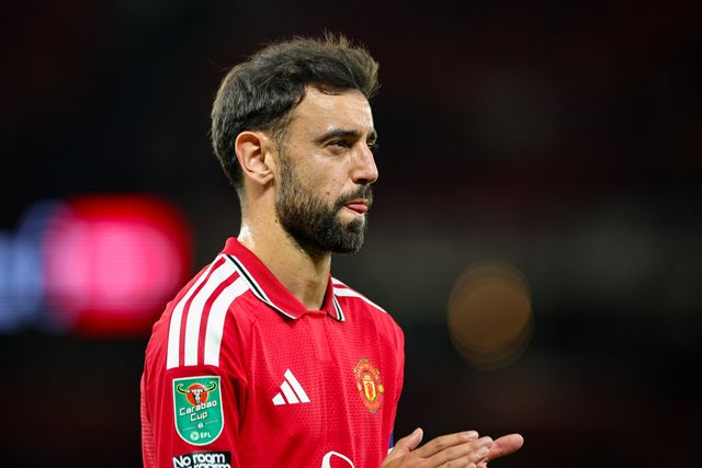 Bruno Fernandes of Manchester United applauds the fans after the final whistle  during the Carabao Cup round 3 match Manchester United vs Brighton & Hove Albion at Old Trafford, Manchester, United Kingdom on 16 September 2026

(Photo by Mark Cosgrove/News Images)