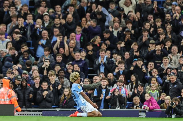 Floyd Samba of Manchester City scores to make it 1-0 during the Carabao Cup round 3 match Manchester City vs Norwich City at Etihad Stadium, Manchester, United Kingdom on 17 September 2026

(Photo by Mark Cosgrove/News Images)