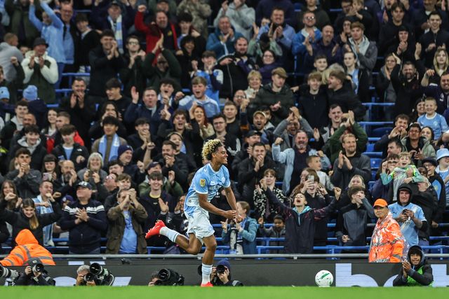 Floyd Samba of Manchester City scores to make it 1-0 during the Carabao Cup round 3 match Manchester City vs Norwich City at Etihad Stadium, Manchester, United Kingdom on 17 September 2026

(Photo by Mark Cosgrove/News Images)