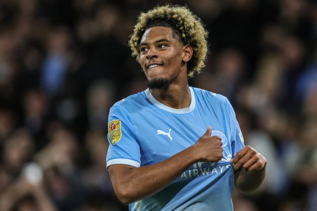 Floyd Samba of Manchester City celebrates his goal to make it 4-0 during the Carabao Cup round 3 match Manchester City vs Norwich City at Etihad Stadium, Manchester, United Kingdom on 17 September 2026

(Photo by Mark Cosgrove/News Images)