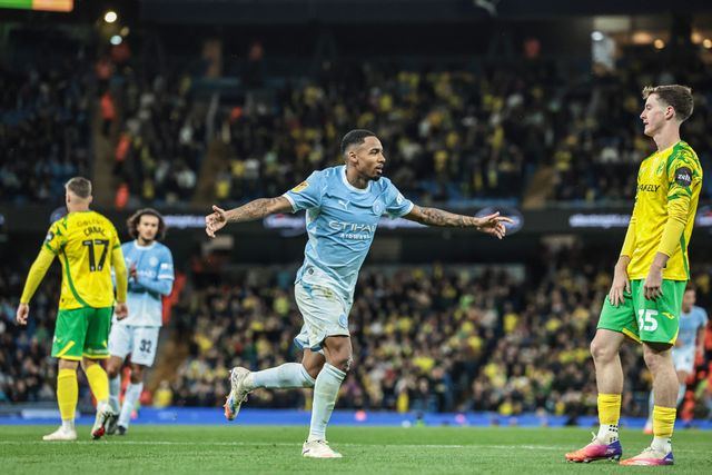 Allan of Manchester City celebrates his goal to make it 3-0 during the Carabao Cup round 3 match Manchester City vs Norwich City at Etihad Stadium, Manchester, United Kingdom on 17 September 2026

(Photo by Mark Cosgrove/News Images)
