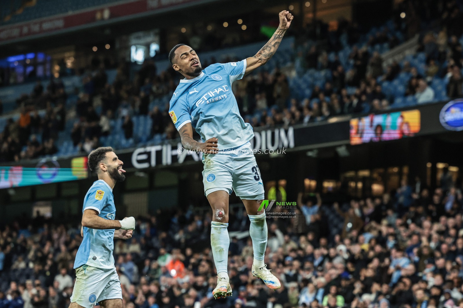 Allan of Manchester City celebrates his goal to make it 3-0 during the Carabao Cup round 3 match Manchester City vs Norwich City at Etihad Stadium, Manchester, United Kingdom on 17 September 2026

(Photo by Mark Cosgrove/News Images)