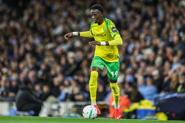 Papa Amadou Diallo of Norwich City breaks with the ball during the Carabao Cup round 3 match Manchester City vs Norwich City at Etihad Stadium, Manchester, United Kingdom on 17 September 2026

(Photo by Mark Cosgrove/News Images)