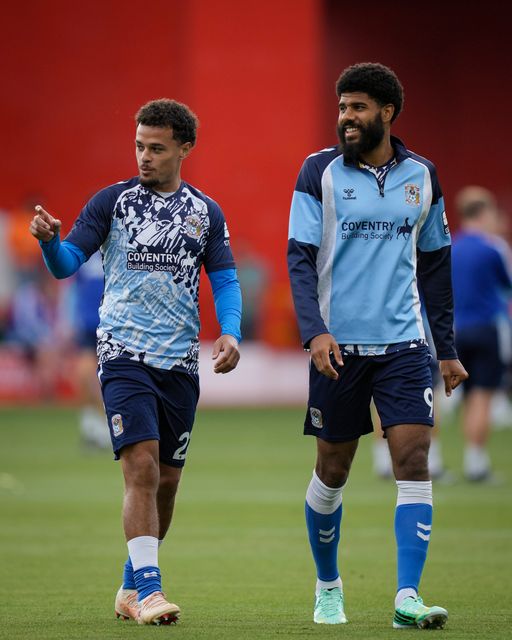 Joel Latibeaudiere of Coventry City and Ellis Simms of Coventry City in the pregame warmup session  during the Premier League match Nottingham Forest vs Coventry City at City Ground, Nottingham, United Kingdom on 19 September 2026

(Photo by Maynard Manyowa/News Images)